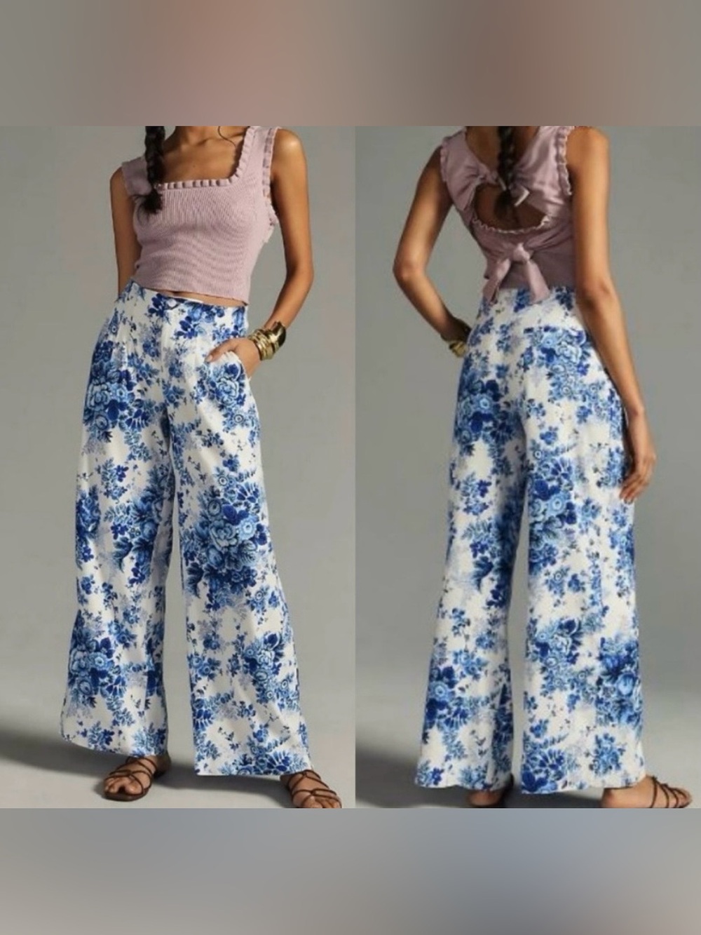 Anthropologie Maeve Printed Pleated Blue & White Wide Leg Floral Pant 0